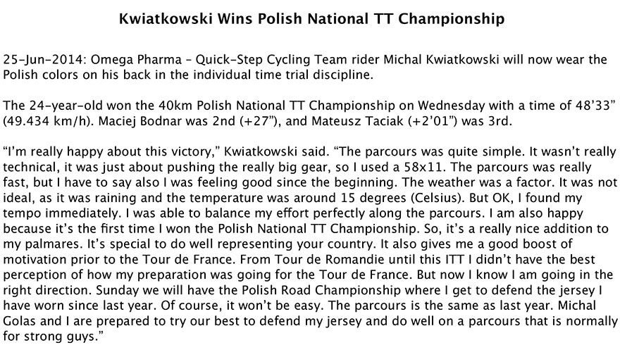Kwiatkowski Wins Polish National TT Championship